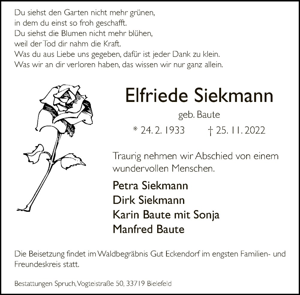  Traueranzeige für Elfriede Siekmann vom 03.12.2022 aus Neue Westfälische