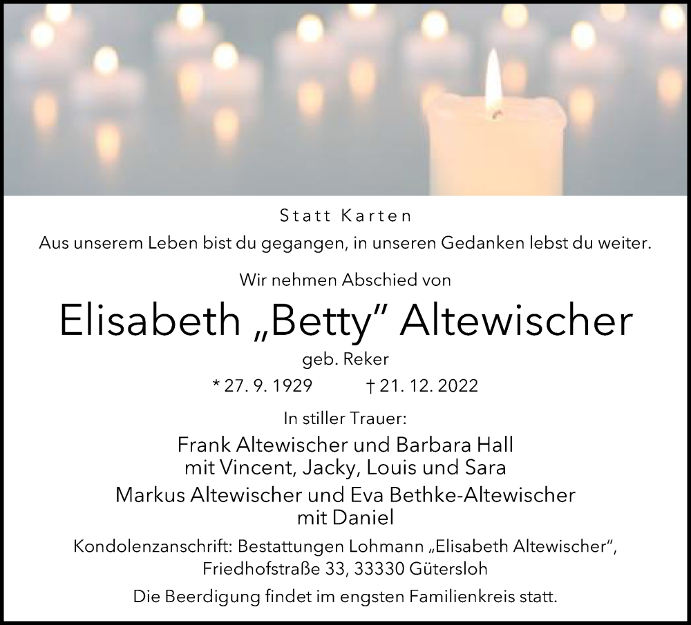  Traueranzeige für Elisabeth Altewischer vom 28.12.2022 aus Neue Westfälische