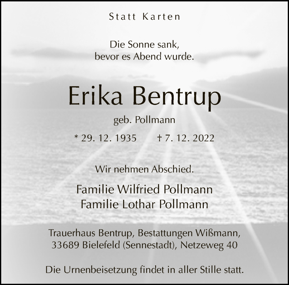  Traueranzeige für Erika Bentrup vom 24.12.2022 aus Neue Westfälische