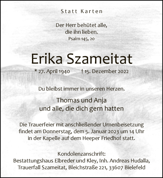 Traueranzeige von Erika Szameitat von Neue Westfälische