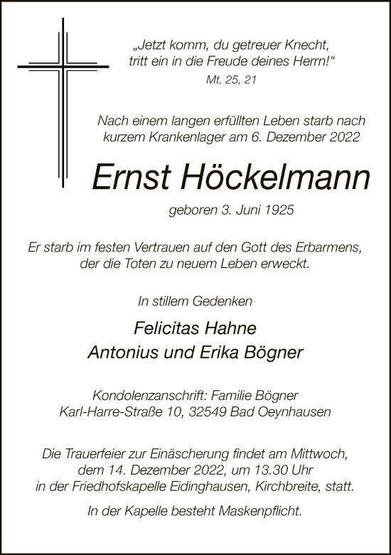Traueranzeige von Ernst Höckelmann von Neue Westfälische