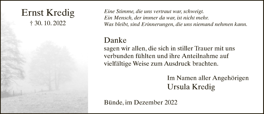  Traueranzeige für Ernst Kredig vom 21.12.2022 aus Neue Westfälische