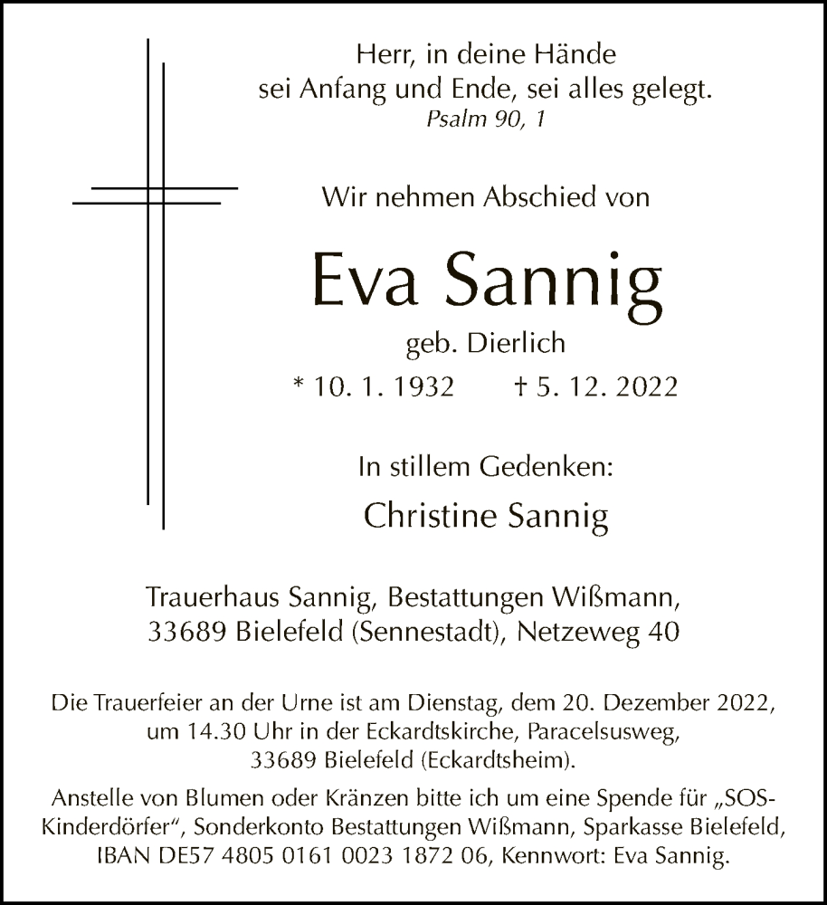  Traueranzeige für Eva Sannig vom 17.12.2022 aus Neue Westfälische