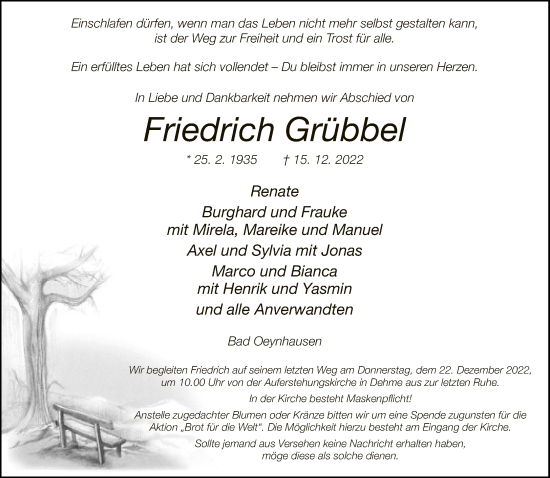 Traueranzeige von Friedrich Grübbel von Neue Westfälische