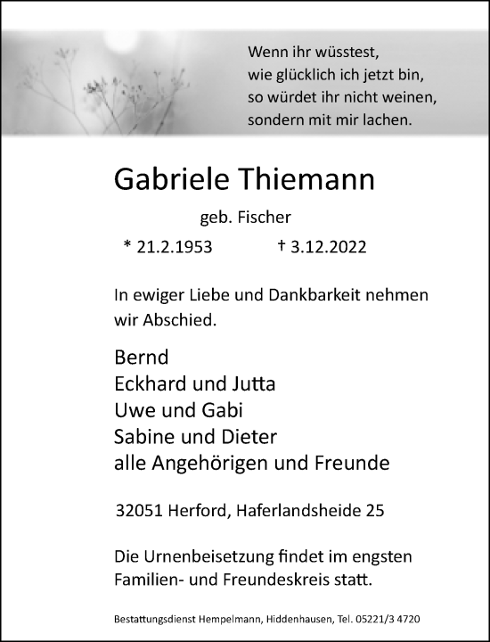 Traueranzeige von Gabriele Thiemann von Neue Westfälische