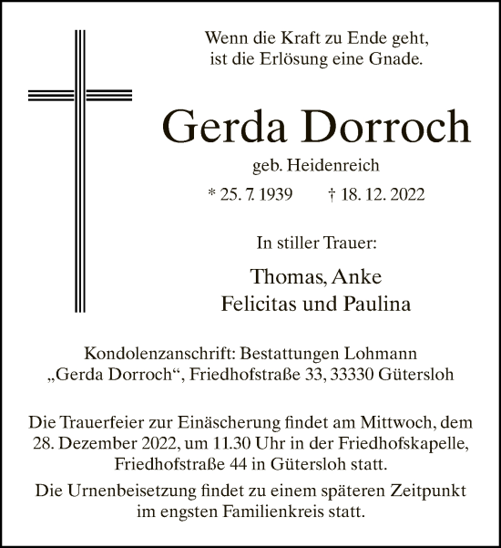 Traueranzeige von Gerda Dorroch von Neue Westfälische