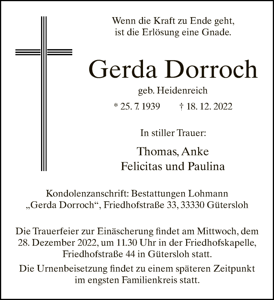  Traueranzeige für Gerda Dorroch vom 24.12.2022 aus Neue Westfälische