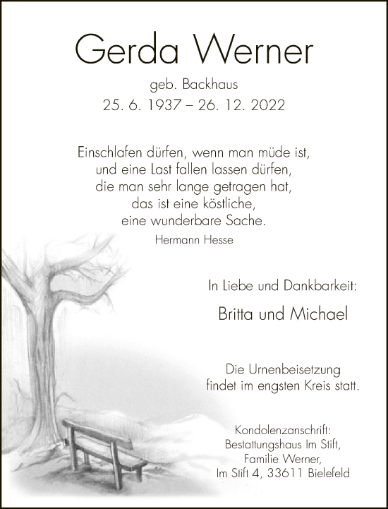 Traueranzeige von Gerda Werner von Neue Westfälische