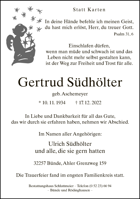 Traueranzeige von Gertrud Südhölter von Neue Westfälische