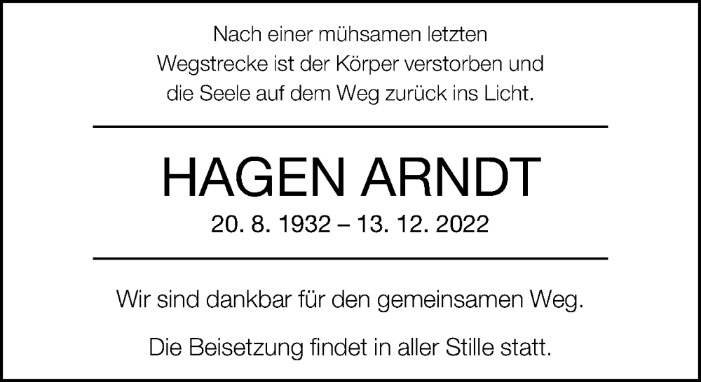  Traueranzeige für Hagen Arndt vom 17.12.2022 aus Neue Westfälische