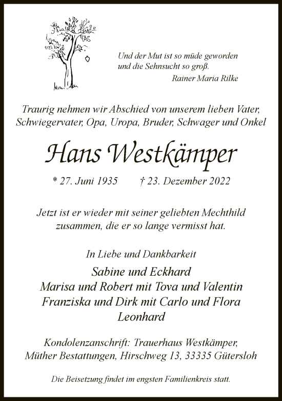 Traueranzeige von Hans Westkämper von Neue Westfälische