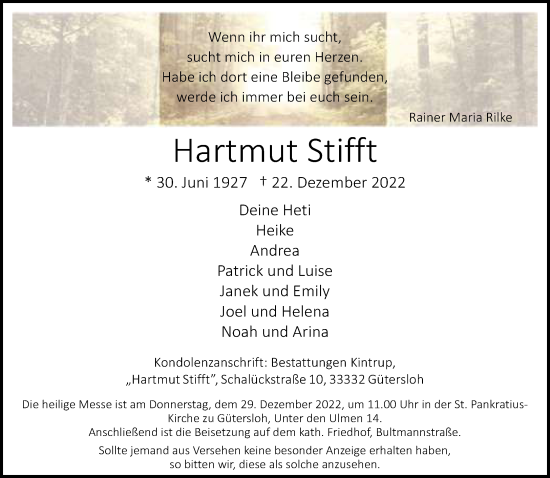 Traueranzeige von Hartmut Stifft von Neue Westfälische