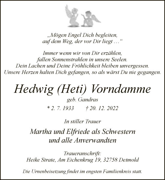 Traueranzeige von Hedwig Vorndamme von Neue Westfälische
