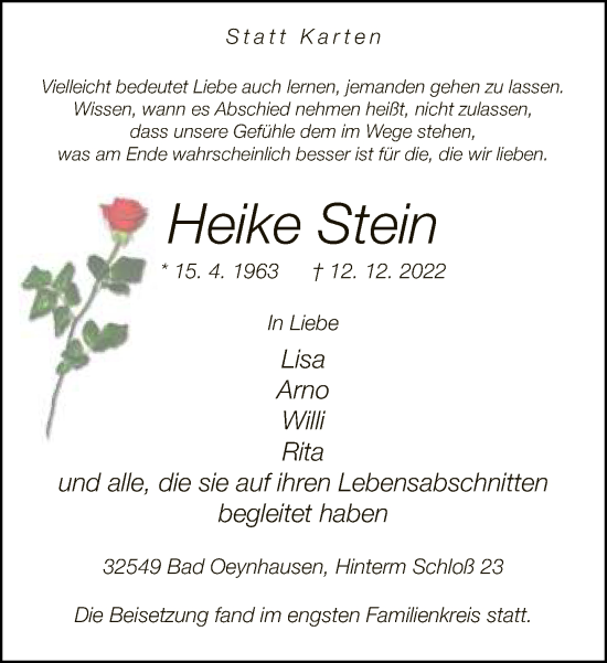 Traueranzeige von Heike Stein von Neue Westfälische