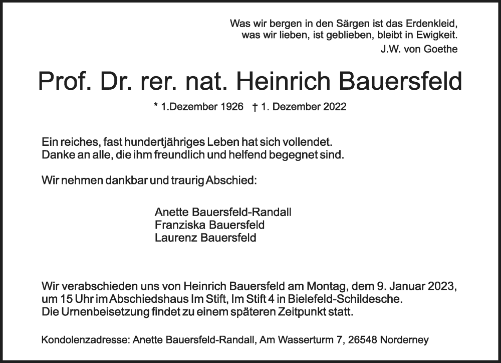  Traueranzeige für Heinrich Bauersfeld vom 10.12.2022 aus Neue Westfälische