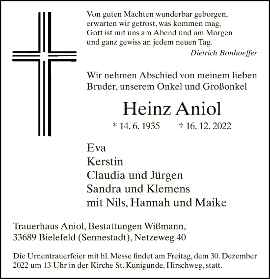 Traueranzeige von Heinz Aniol von Neue Westfälische