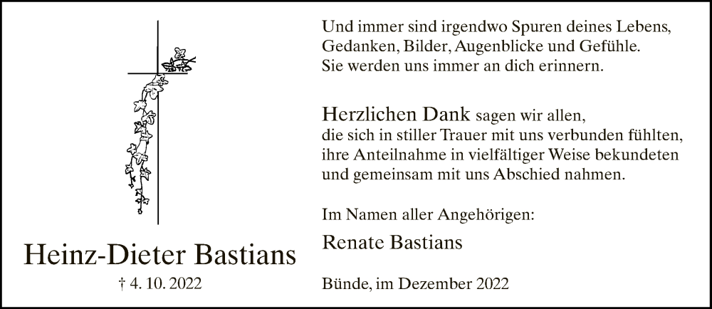  Traueranzeige für Heinz-Dieter Bastians vom 10.12.2022 aus Neue Westfälische