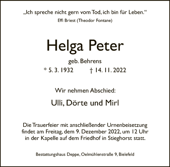 Traueranzeige von Helga Peter von Neue Westfälische