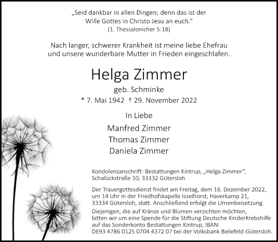 Traueranzeige von Helga Zimmer von Neue Westfälische