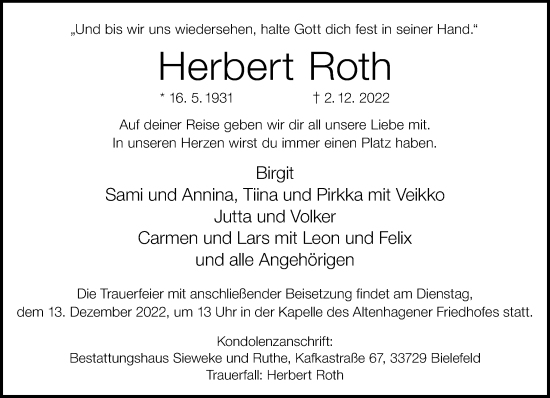 Traueranzeige von Herbert Roth von Neue Westfälische
