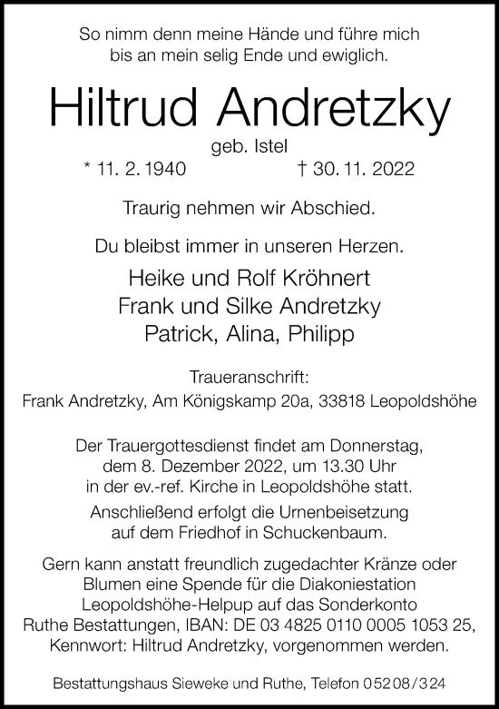 Traueranzeige von Hiltrud Andretzky von Neue Westfälische