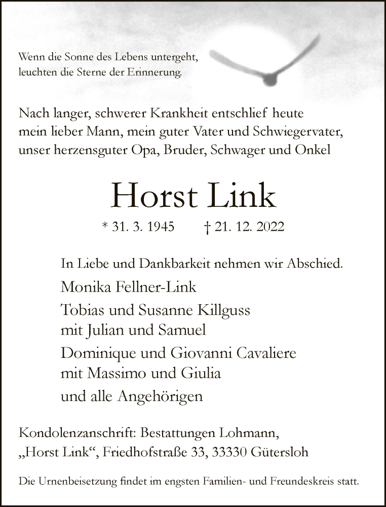  Traueranzeige für Horst Link vom 31.12.2022 aus Neue Westfälische