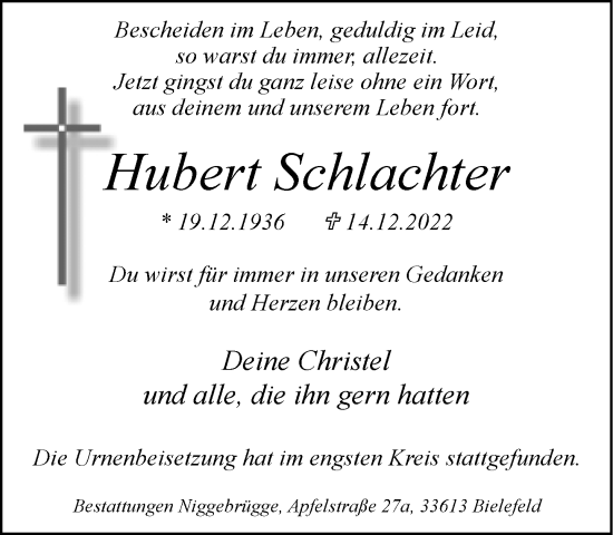 Traueranzeige von Hubert Schlachter von Neue Westfälische
