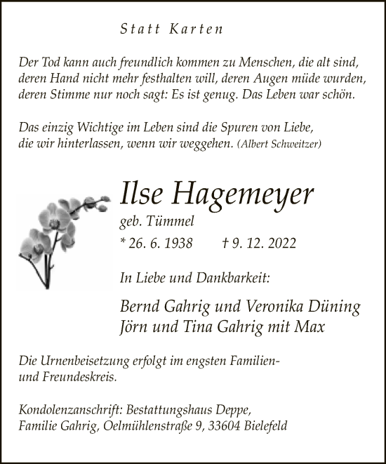Traueranzeige von Ilse Hagemeyer von Neue Westfälische