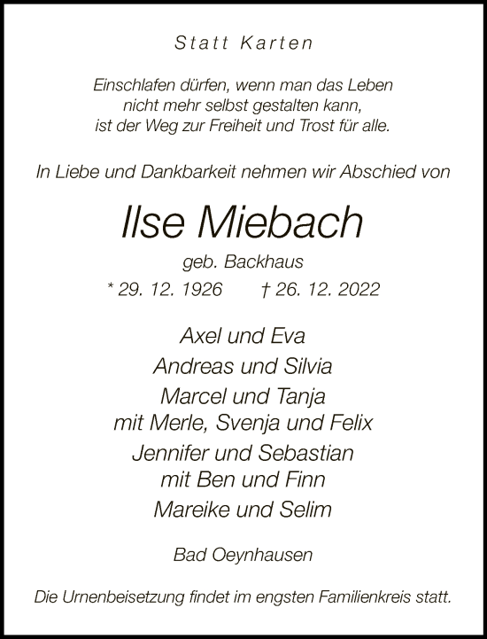 Traueranzeige von Ilse Miebach von Neue Westfälische