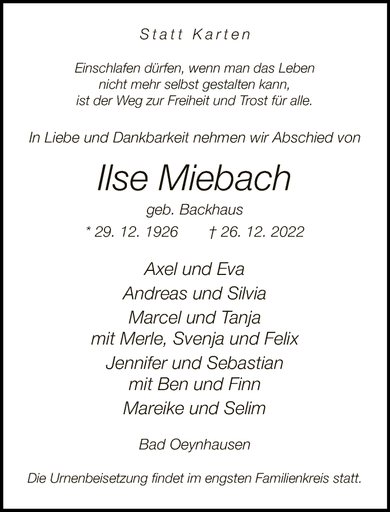  Traueranzeige für Ilse Miebach vom 31.12.2022 aus Neue Westfälische