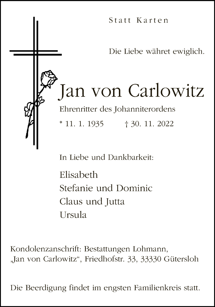  Traueranzeige für Jan von Carlowitz vom 06.12.2022 aus Neue Westfälische