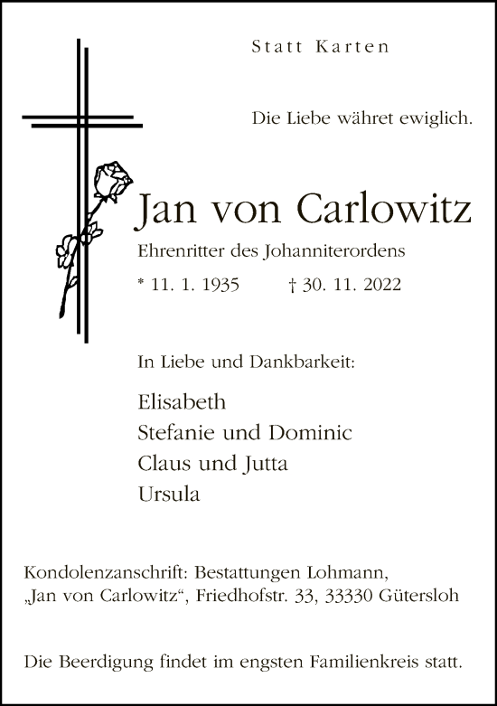 Traueranzeige von Jan von Carlowitz von Neue Westfälische