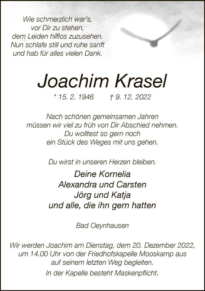  Traueranzeige für Joachim Krasel vom 15.12.2022 aus Neue Westfälische