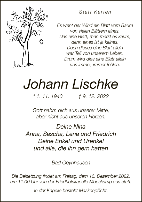 Traueranzeige von Johann Lischke von Neue Westfälische