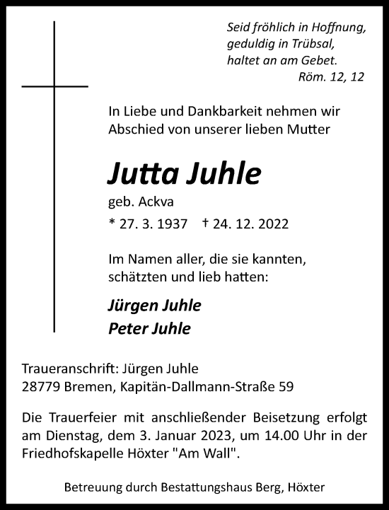Traueranzeige von Jutta Juhle von Neue Westfälische