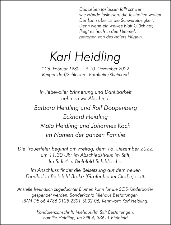 Traueranzeige von Karl Heidling von Neue Westfälische