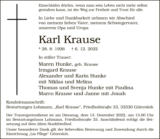 Traueranzeige von Karl Krause von Neue Westfälische