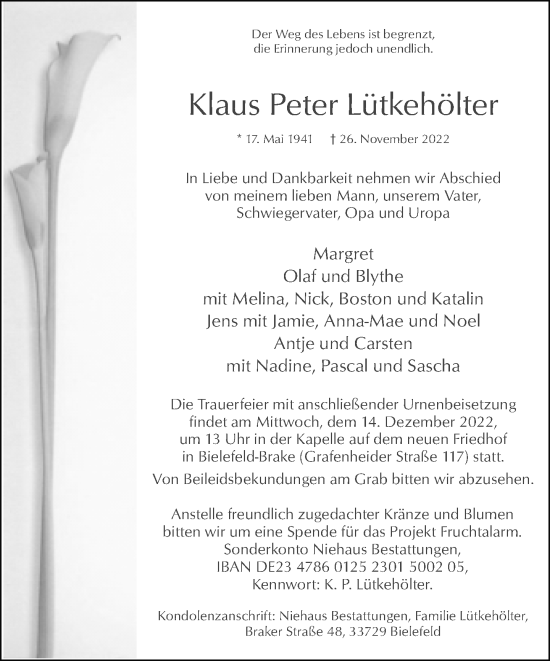 Traueranzeige von Klaus Peter Lütkehölter von Neue Westfälische