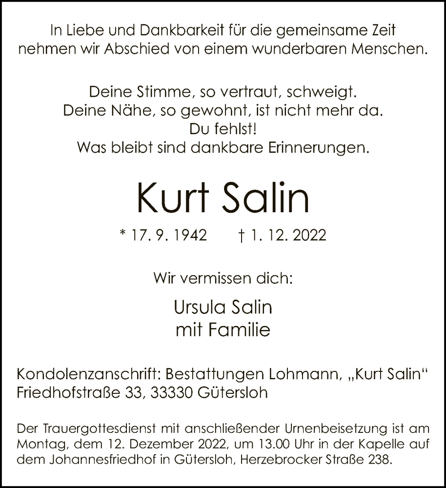  Traueranzeige für Kurt Salin vom 07.12.2022 aus Neue Westfälische