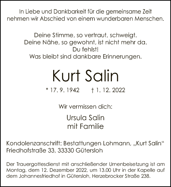 Traueranzeige von Kurt Salin von Neue Westfälische