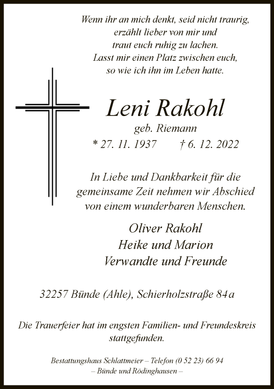 Traueranzeige von Leni Rakohl von Neue Westfälische