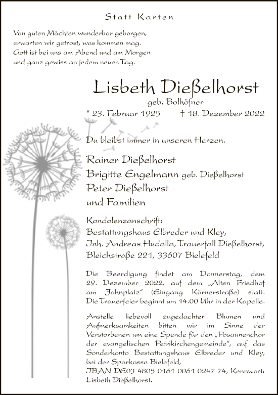 Traueranzeige von Lisbeth Dießelhorst von Neue Westfälische