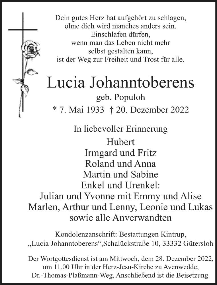  Traueranzeige für Lucia Johanntoberens vom 23.12.2022 aus Neue Westfälische