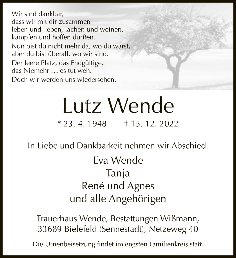  Traueranzeige für Lutz Wende vom 21.12.2022 aus Neue Westfälische