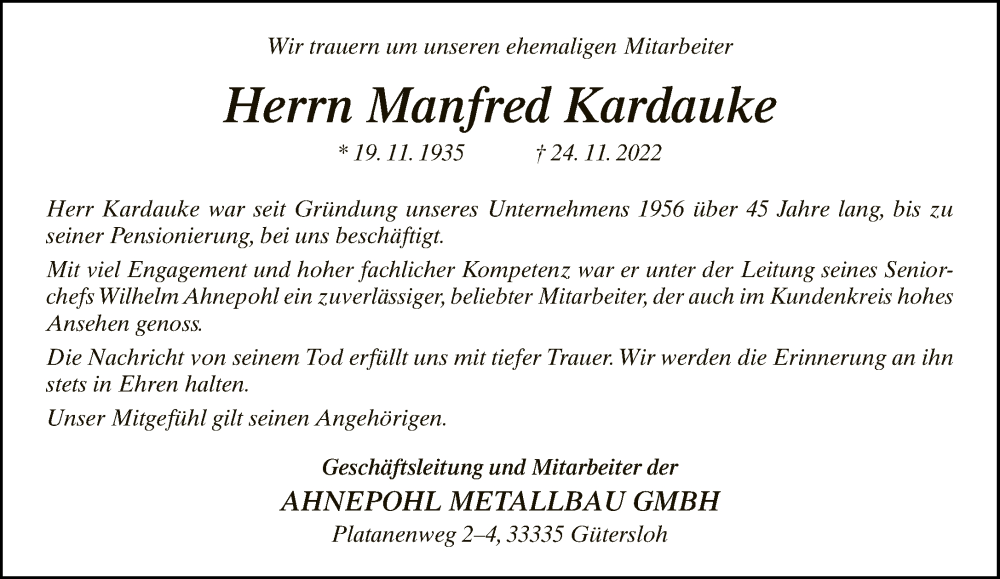 Traueranzeige für Manfred Kardauke vom 07.12.2022 aus Neue Westfälische