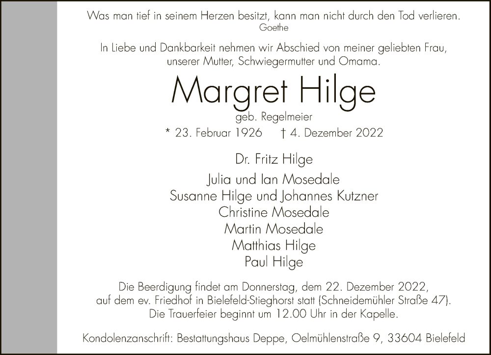  Traueranzeige für Margret Hilge vom 17.12.2022 aus Neue Westfälische