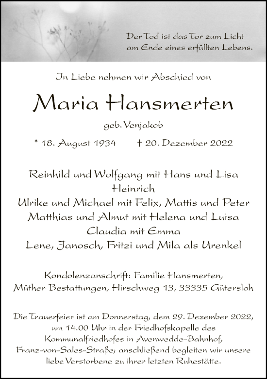 Traueranzeige von Maria Hansmerten von Neue Westfälische