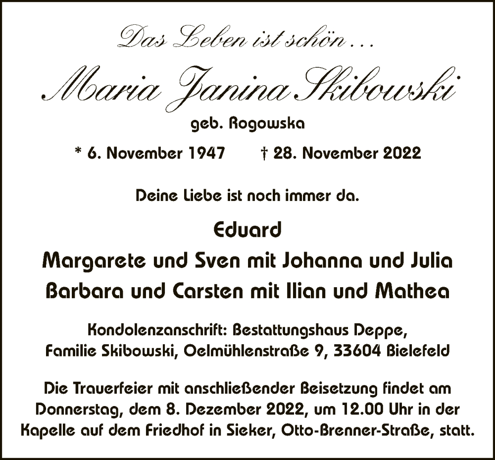  Traueranzeige für Maria Janina Skibowski vom 03.12.2022 aus Neue Westfälische
