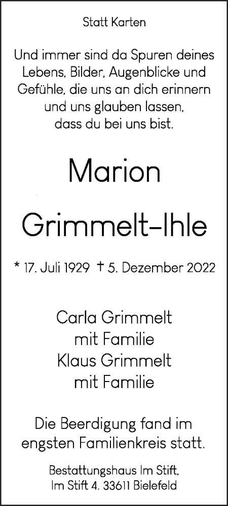 Traueranzeige von Marion Grimmelt-Ihle von Neue Westfälische