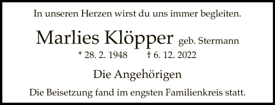 Traueranzeige von Marlies Klöpper von Neue Westfälische